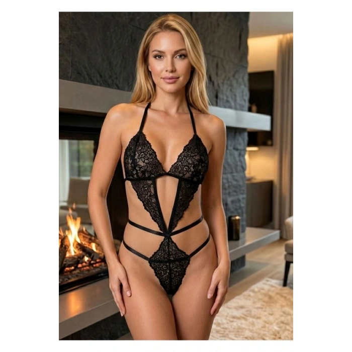 Hubrendy Beru Siyah Dantel Bodysuit - 919