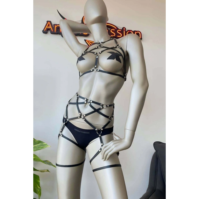 Hubrendy Beru Siyah Deri Jartiyer Ve Büstiyer Harness - Brf415