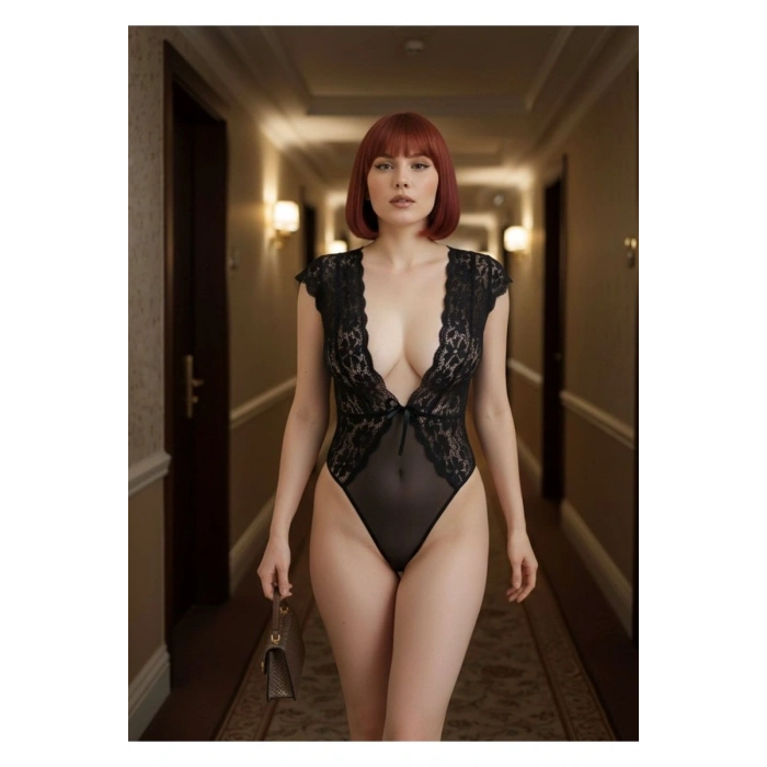 Hubrendy Beru Siyah Yarım Kol Dantel Bodysuit - 895
