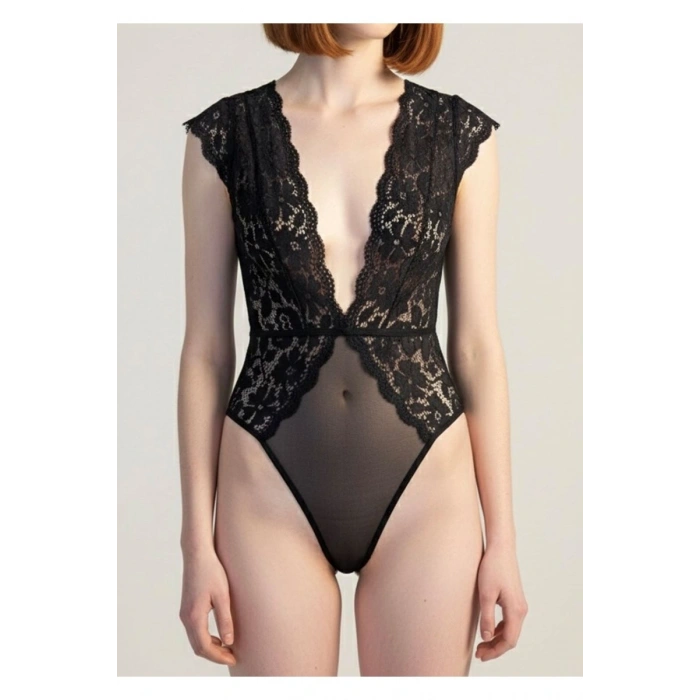 Hubrendy Beru Siyah Yarım Kol Dantel Bodysuit - 895