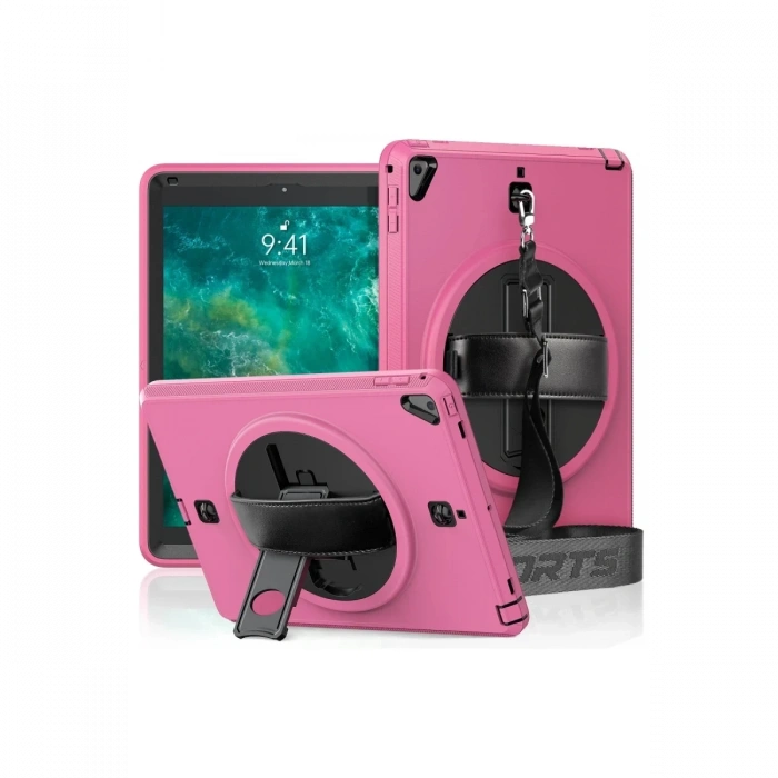 Hubrendy Bez Apple iPad 5 Air 9.7 Kılıf Strap-C Otterbox Tablet Kapak - Pembe