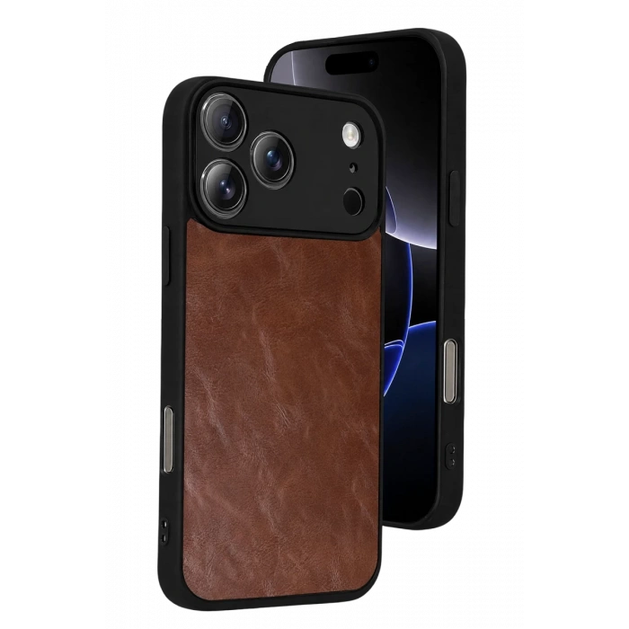 Hubrendy Bez Apple iPhone 17 Pro Aras Deri Kapak - Taba