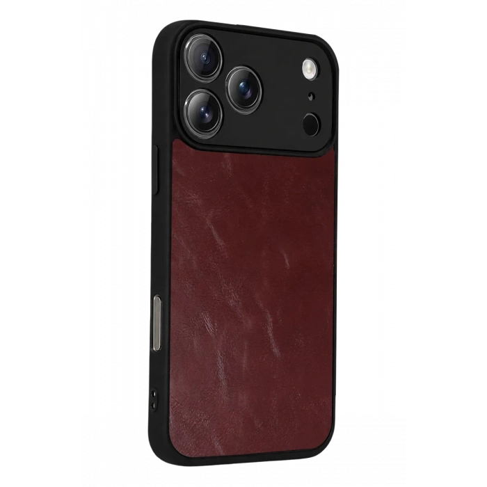 Hubrendy Bez Apple iPhone 17 Pro Max Aras Deri Kapak - Bordo