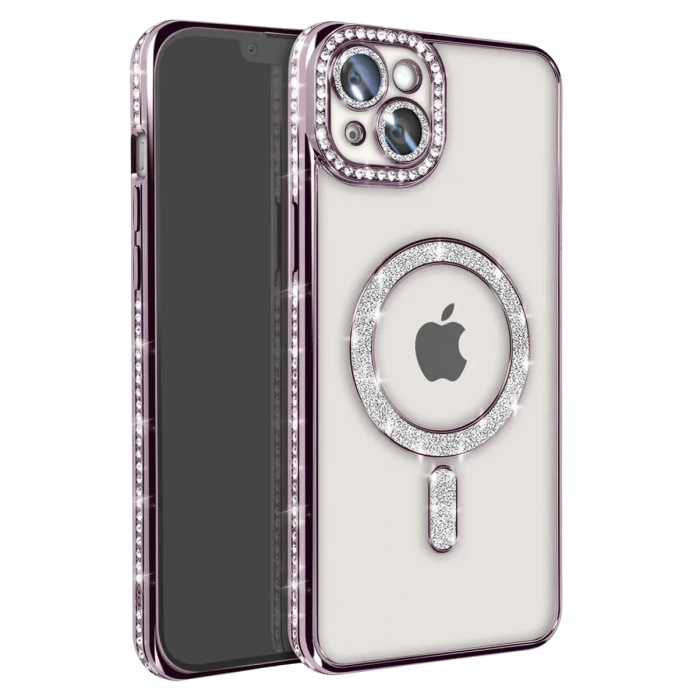 Hubrendy Bez Apple iPhone 14 Kılıf Joke Simli Magneticsafe Kılıf - Pembe