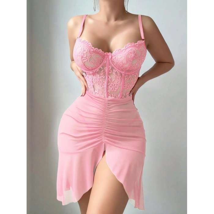 Hubrendy Bez Kadın Pembe Transparan Fantezi Gecelik 2300
