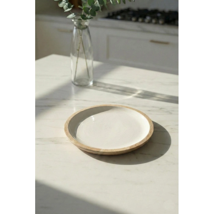Hubrendy Bez Mango Agacı Pasta Tabağı & Sunum Tabağı 20 Cm Krem