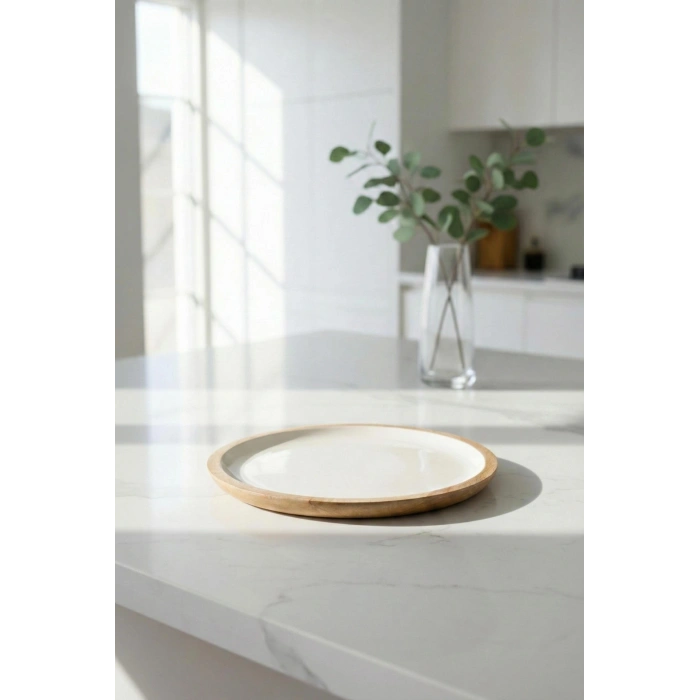 Hubrendy Bez Mango Agacı Servis Tabağı & Sunum Tabağı 25 Cm Krem