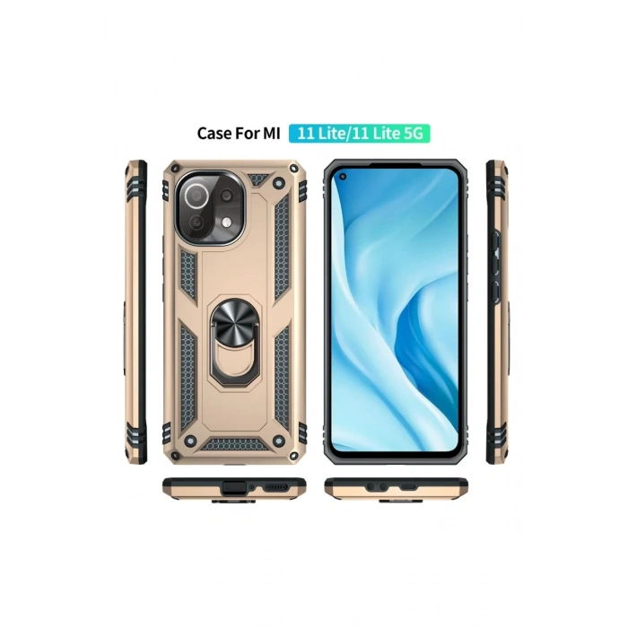 Hubrendy Bez Xiaomi Mİ 11 Lite Kılıf Sofya Yüzüklü Silikon Kapak - Gold