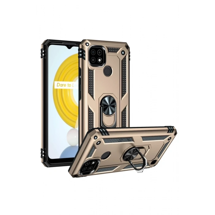 Hubrendy Bez Realme C21 Kılıf Sofya Yüzüklü Silikon Kapak - Gold