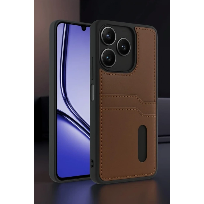 Hubrendy Bez Realme Note 50 4G Kılıf Sara Kartvizitli Deri Kılıf - Taba