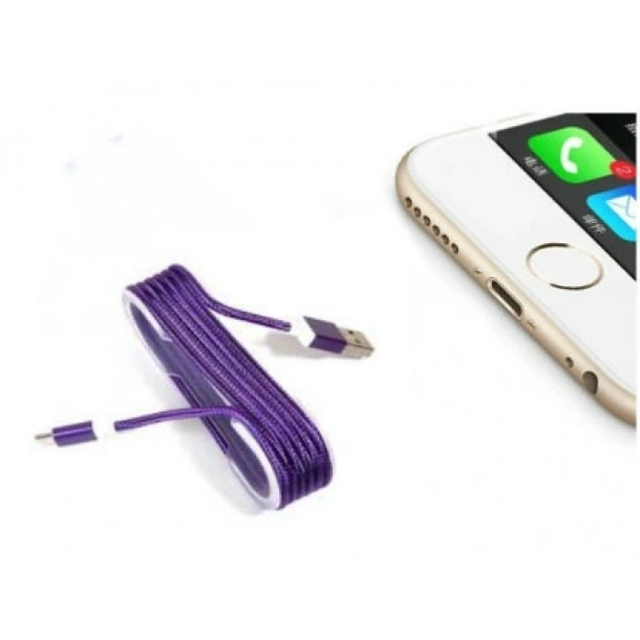Hubrendy ÇER İphone Örgü Şeklinde Renkli Çelik Şarj Data Kablosu - Mor