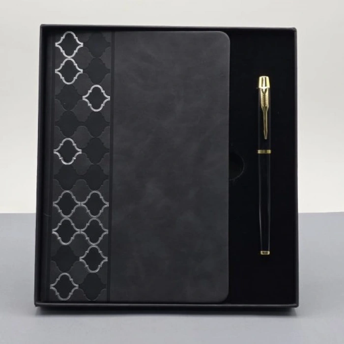Hubrendy Emin  Desenli Siyah Deri Defter Kalem Set