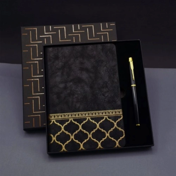 Hubrendy Emin  Gold Desen Siyah Deri Defter Kalem Set