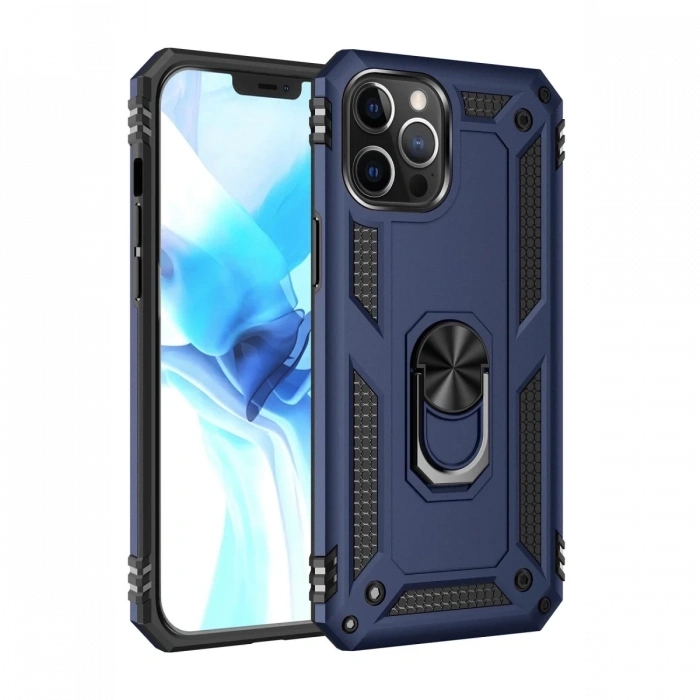 Hubrendy Bez Apple iPhone 12 Pro Max Kılıf Sofya Yüzüklü Silikon Kapak - Lacivert