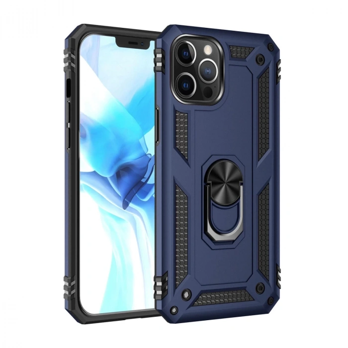 Hubrendy Bez Apple iPhone 12 Pro Max Kılıf Sofya Yüzüklü Silikon Kapak - Lacivert