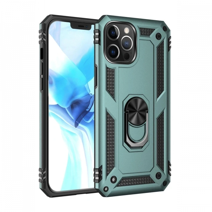 Hubrendy Bez Apple iPhone 12 Pro Max Kılıf Sofya Yüzüklü Silikon Kapak - Yeşil