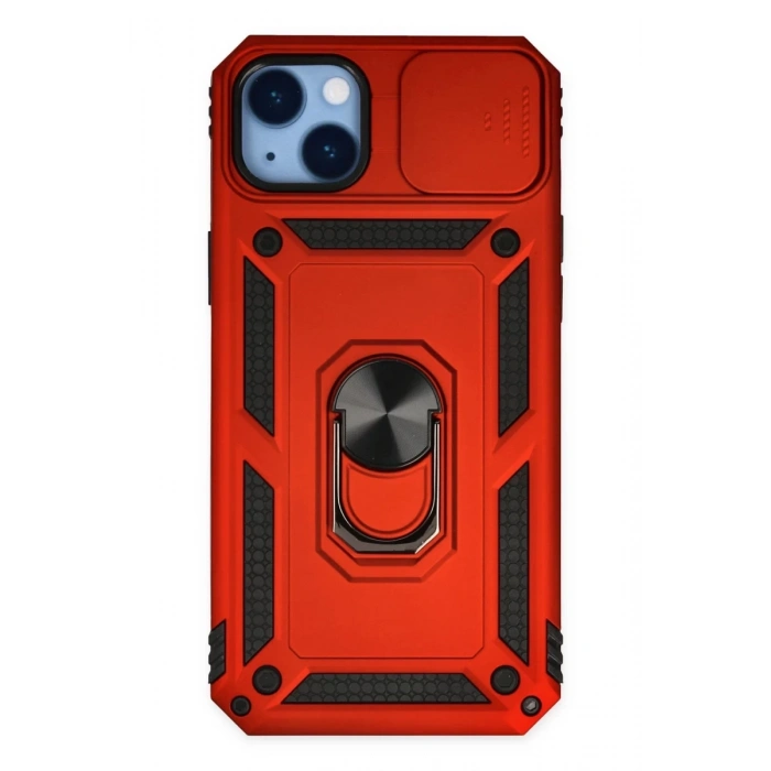 Hubrendy Bez Apple iPhone 14 Plus Kılıf Pars Lens Yüzüklü Silikon - Kırmızı