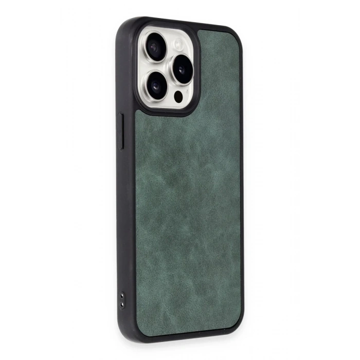 Hubrendy Bez Apple iPhone 15 Pro Kılıf Aras Deri Kapak - Koyu Yeşil