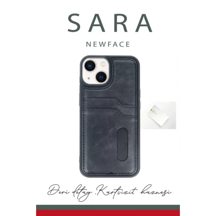 Hubrendy Bez Apple iPhone 15 Sara Kartvizitli Deri Kılıf - Lacivert