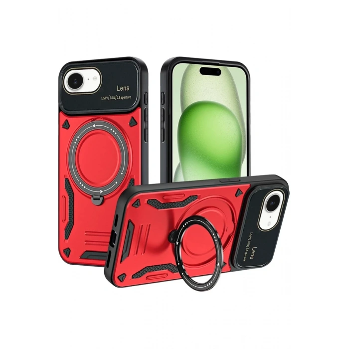 Hubrendy Bez Apple iPhone 16E Kılıf Joy Lens Standlı Kapak - Kırmızı