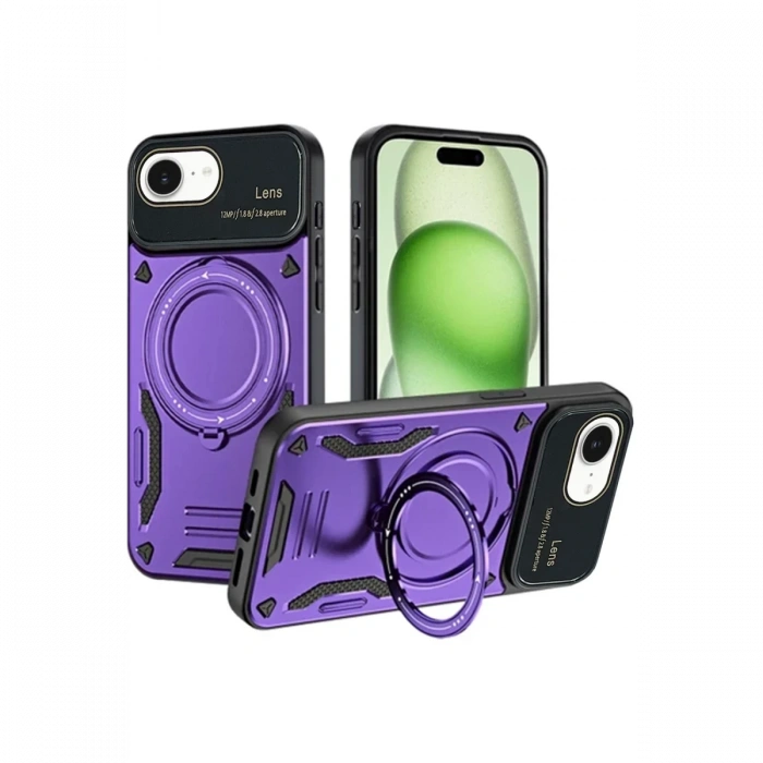 Hubrendy Bez Apple iPhone 16E Kılıf Joy Lens Standlı Kapak - Mor