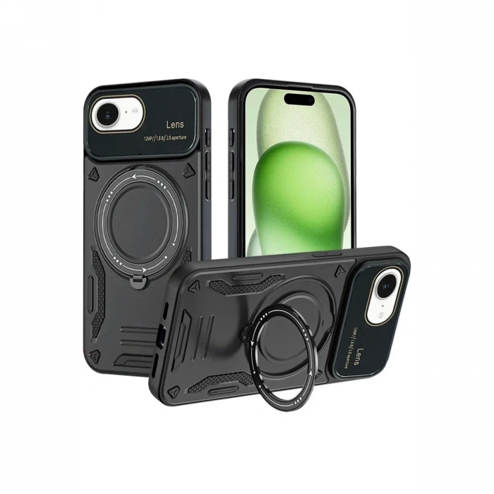 Hubrendy Bez Apple iPhone 16E Kılıf Joy Lens Standlı Kapak - Siyah
