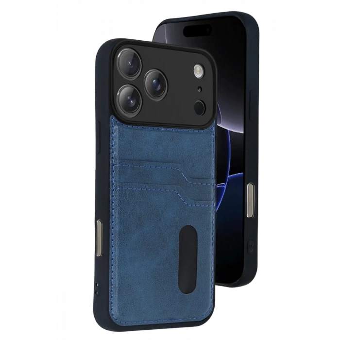 Hubrendy Bez Apple iPhone 17 Pro Max Sara Kartvizitli Deri Kılıf - Lacivert