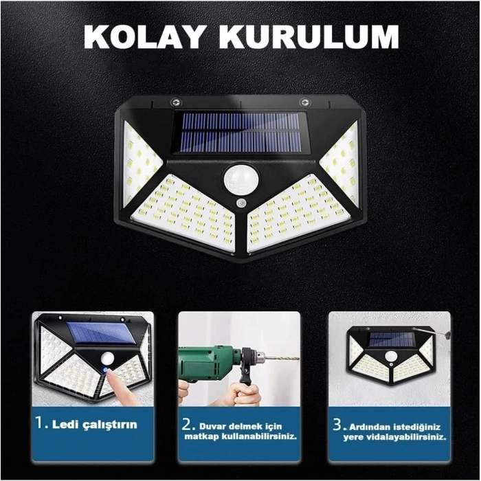Hubrendy Kargo 100 Led Dış Mekan Solar Aydınlatma Fotoselli Solar Lamba Hareket Sensörlü