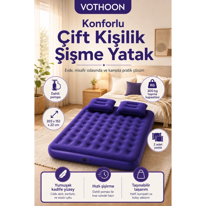 Hubrendy Kargo Çift Kişilik Şişme Yatak Dahili Pompalı 203x152x22 Cm 2 Yastıklı