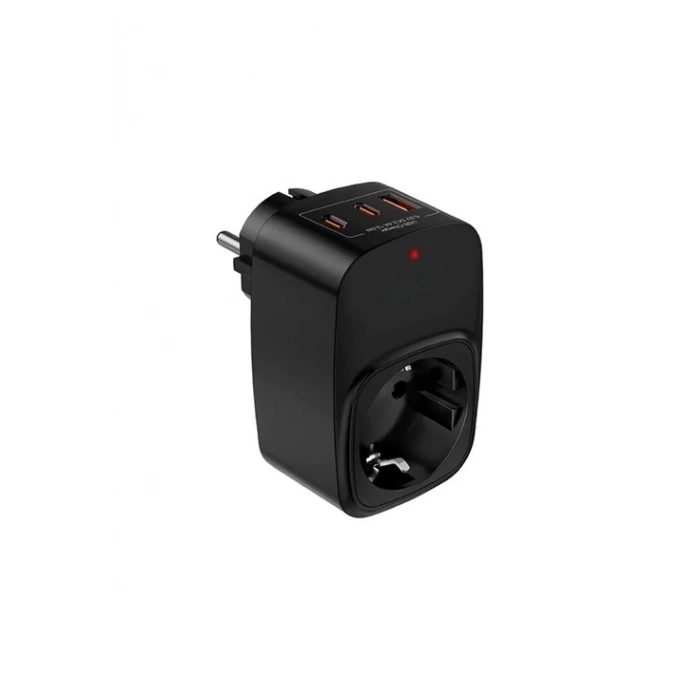 Hubrendy Kargo Tekli Yüksek Voltaj Korumalı Duvar Prizi 2x Type-c 1x Usb Çıkışlı Priz Grup Priz Çoğaltıcı Siyah
