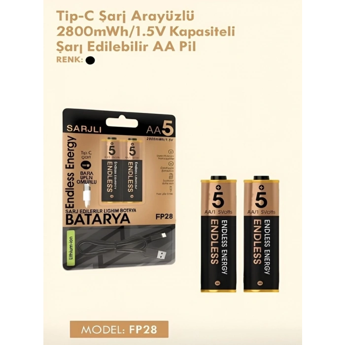 Hubrendy Kargo Type-c Şarjlı 2800mwh 1.5v Şarj Edilebilir 2’li Aa5 Kalın Pil - Lityum Iyon Batarya