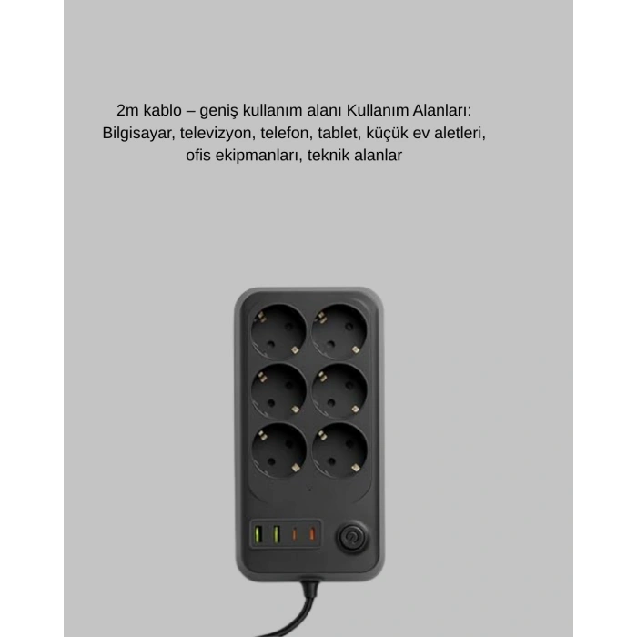 Hubrendy Kargo Usb Type-c Destekli Termal Korumalı 6’lı Uzatma Priz 10a 2m
