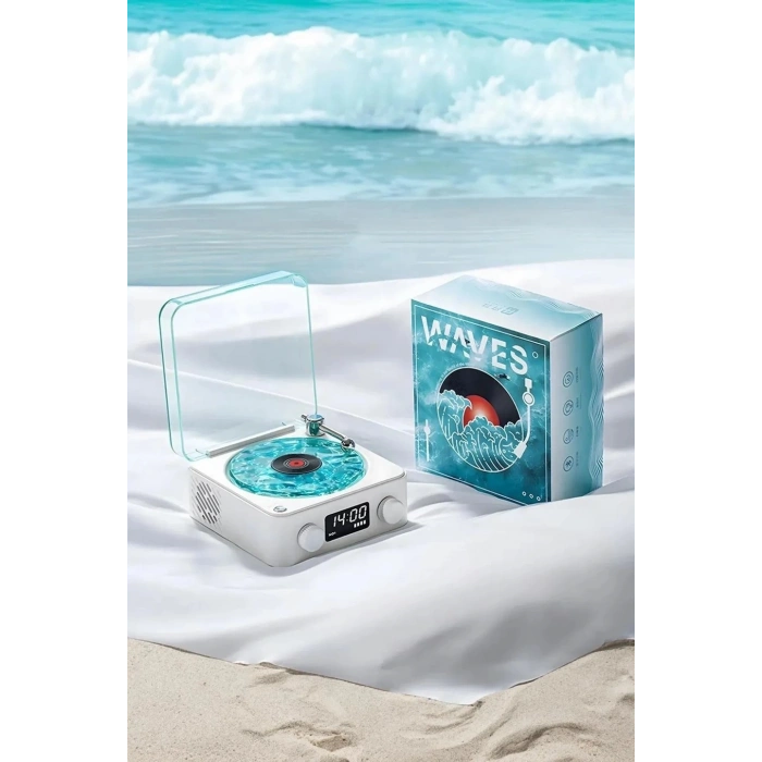 Hubrendy Kargo Waves Nostalji Plak Görünümlü Bluetooth Hoparlör 3d Ses Dalgası Retro Müzik Plak Mavi