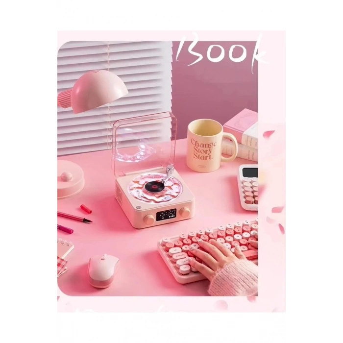 Hubrendy Kargo Waves Nostalji Plak Görünümlü Bluetooth Hoparlör 3d Ses Dalgası Retro Müzik Plak Pembe