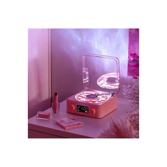 Hubrendy Kargo Waves Nostalji Plak Görünümlü Bluetooth Hoparlör 3d Ses Dalgası Retro Müzik Plak Pembe