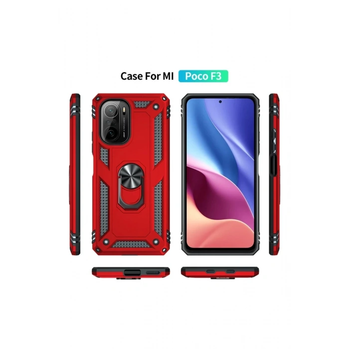 Hubrendy Bez Xiaomi Poco F3 Kılıf Sofya Yüzüklü Silikon Kapak - Kırmızı
