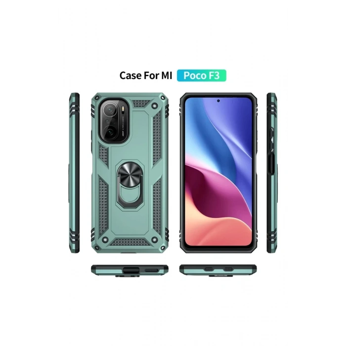 Hubrendy Bez Xiaomi Poco F3 Kılıf Sofya Yüzüklü Silikon Kapak - Yeşil
