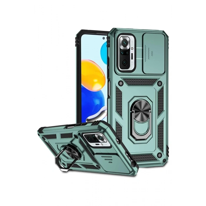 Hubrendy Bez Xiaomi Redmi Note 10 Pro Kılıf Pars Lens Yüzüklü Silikon - Yeşil