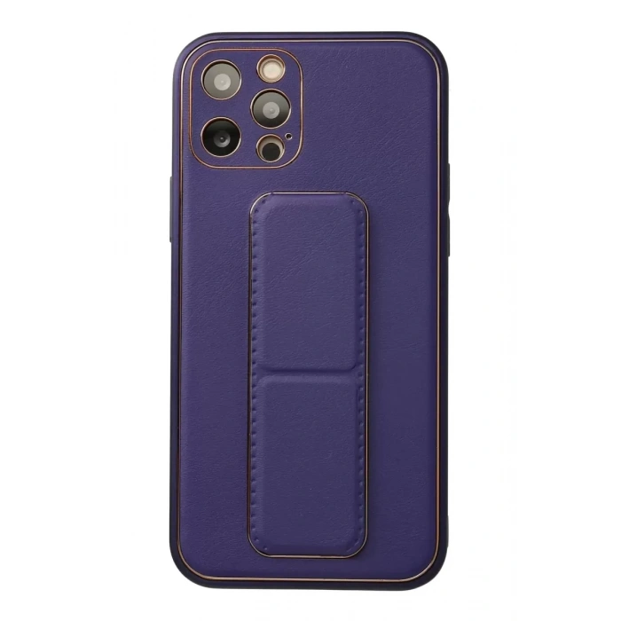 Hubrendy SH Newface Apple İphone 12 Pro Kılıf Coco Deri Standlı Kapak - Mor
