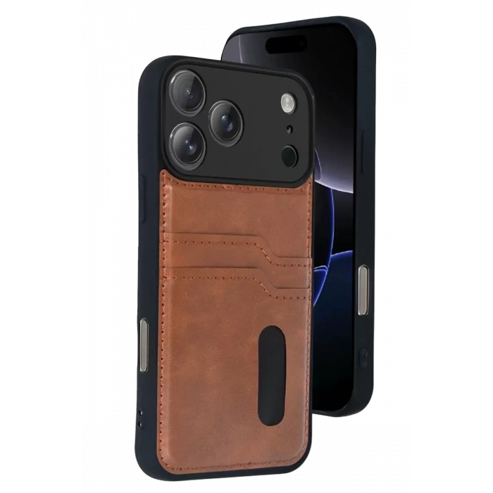 Hubrendy SH Newface Apple İphone 17 Pro Sara Kartvizitli Deri Kılıf - Taba