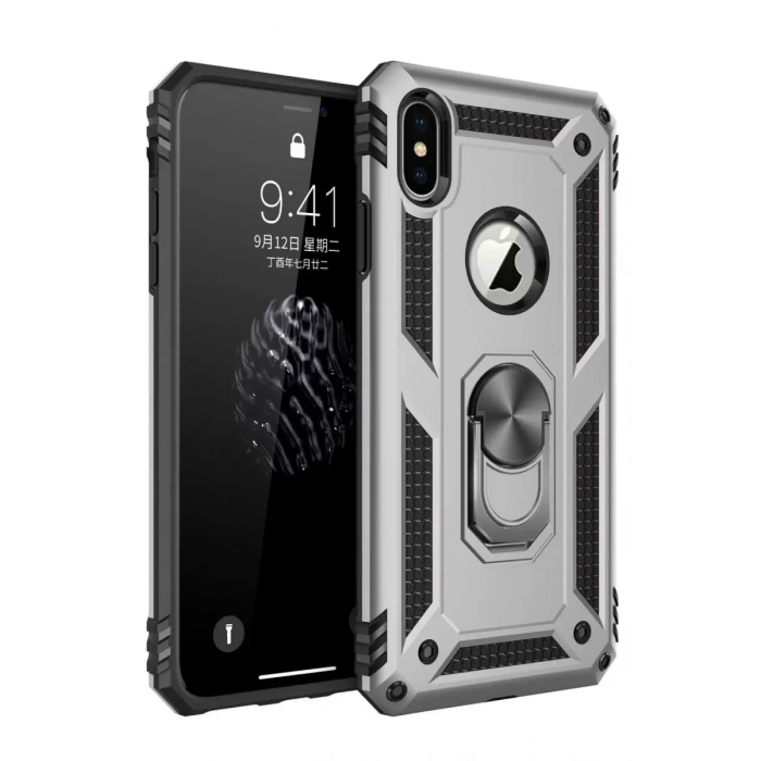 Hubrendy SH Newface Apple İphone X Kılıf Sofya Yüzüklü Silikon Kapak - Gümüş