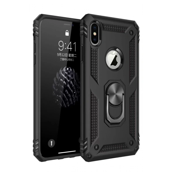 Hubrendy SH Newface Apple İphone Xs Max Kılıf Sofya Yüzüklü Silikon Kapak - Siyah