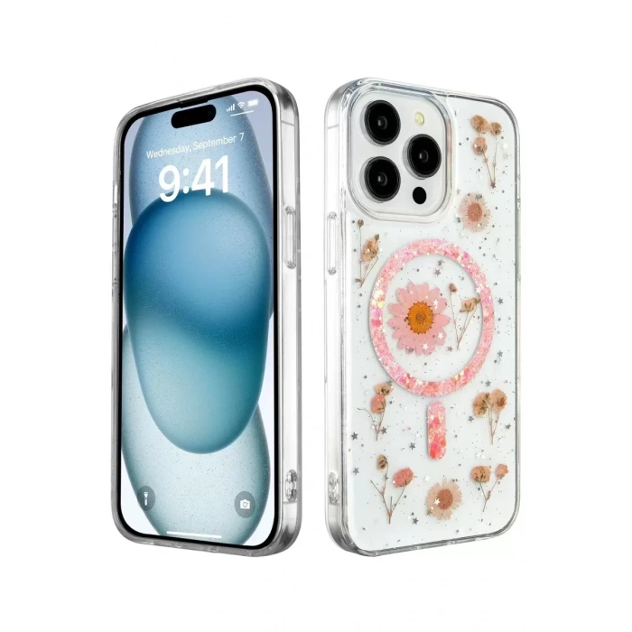 Hubrendy SH Newface İphone 15 Pro Max Kılıf Daisy Simli Magsafe Kapak - Pembe