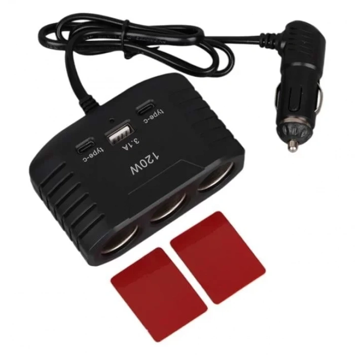 Hubrendy SH Olesson 2012 12-24v Çift Type-c - Tek Usb Girişli 120w 80cm Kablolu 3lü Araç Çakmak Çoklayıcı
