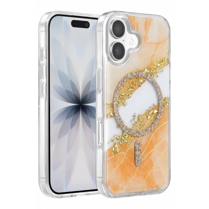 Hubrendy SH Onegif Apple İphone 17 Lotus Simli Magsafe Kapak - Turuncu
