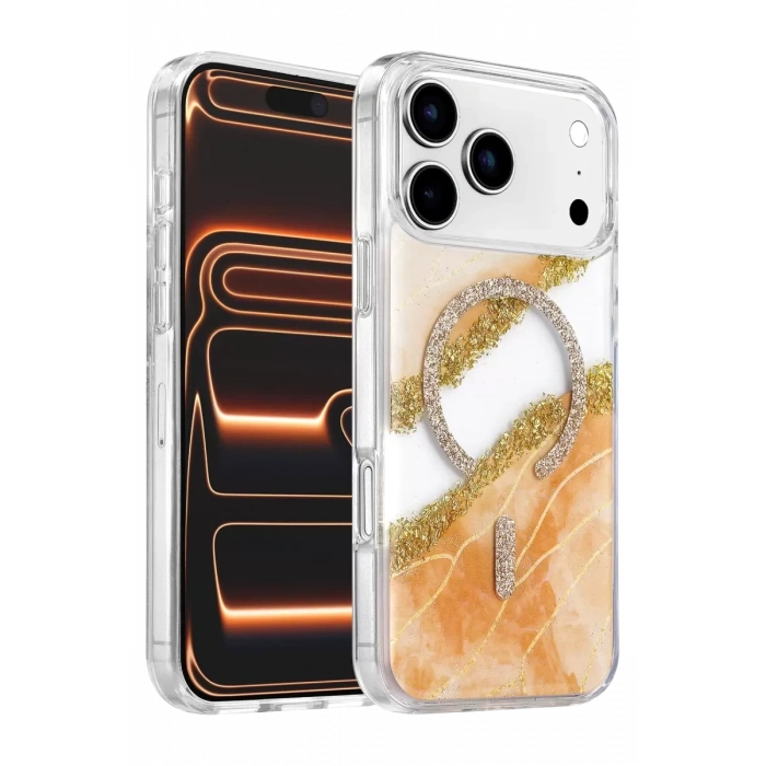 Hubrendy SH Onegif Apple İphone 17 Pro Max Lotus Simli Magsafe Kapak - Turuncu