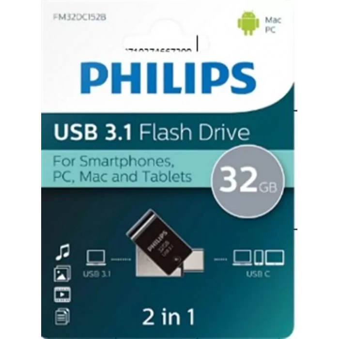Hubrendy SH Philips Fm32dc152b/00 32gb 2 In 1 Type-c/usb 3.1 Siyah Gri Usb Bellek