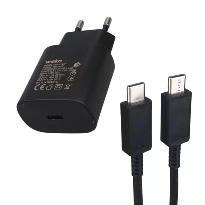 Hubrendy SH Weko Wk-27877 Note10 Siyah 25 Watt Şarj Başlık Adaptörü + Type-c To Type-c Kablo