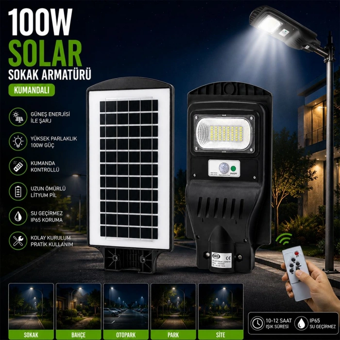 Hubrendy Tedarik 100W 6500K Solar Sensörlü Sokak Lambası