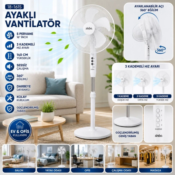 Hubrendy Tedarik 16 5 Pervaneli Ayaklı Vantilatör - Sessiz, 140 cm, 3 Kademe